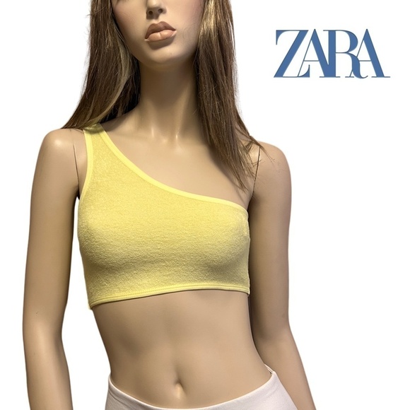 ZARA Crop Top Tank Shirt Cotton Blend Micro Terry One Shoulder Leisure Bra - Picture 1 of 11
